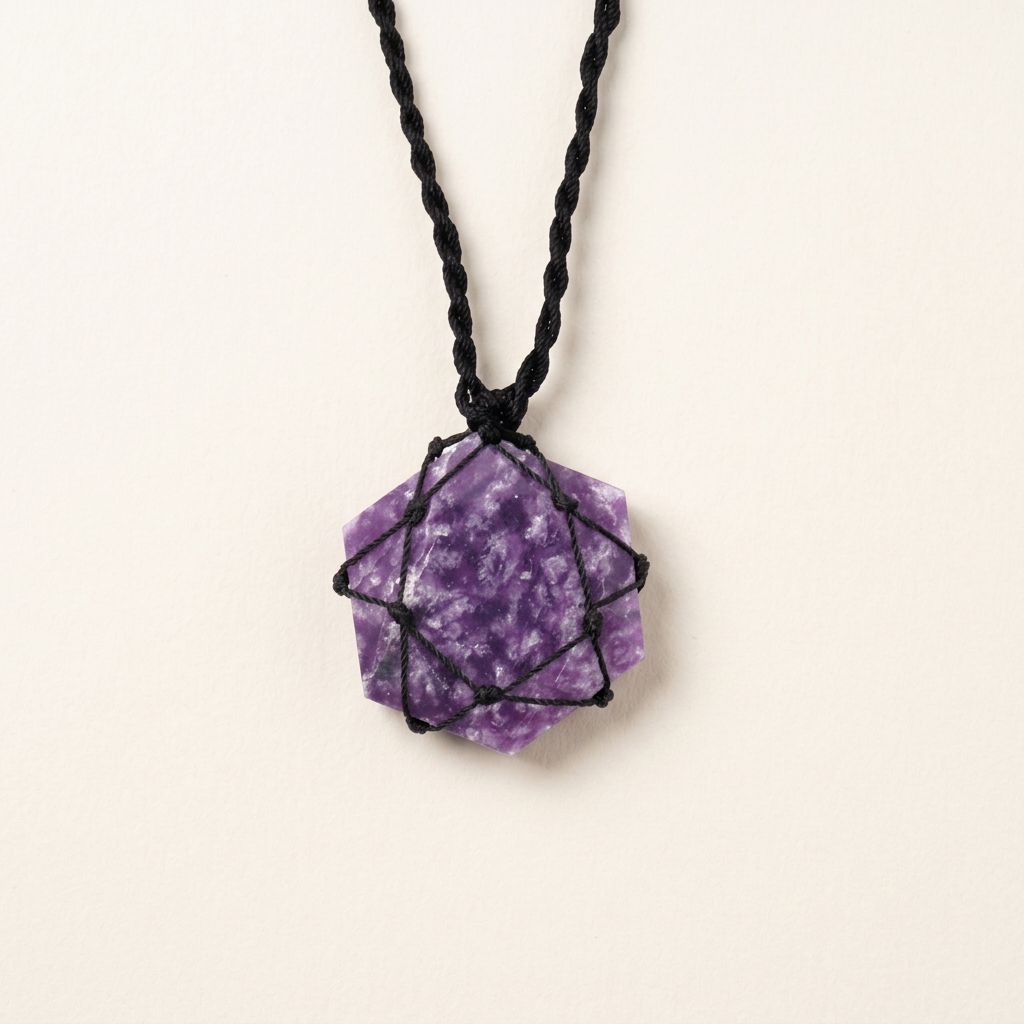 Pendente esagonale in lepidolite viola con cordino nero su sfondo avorio
