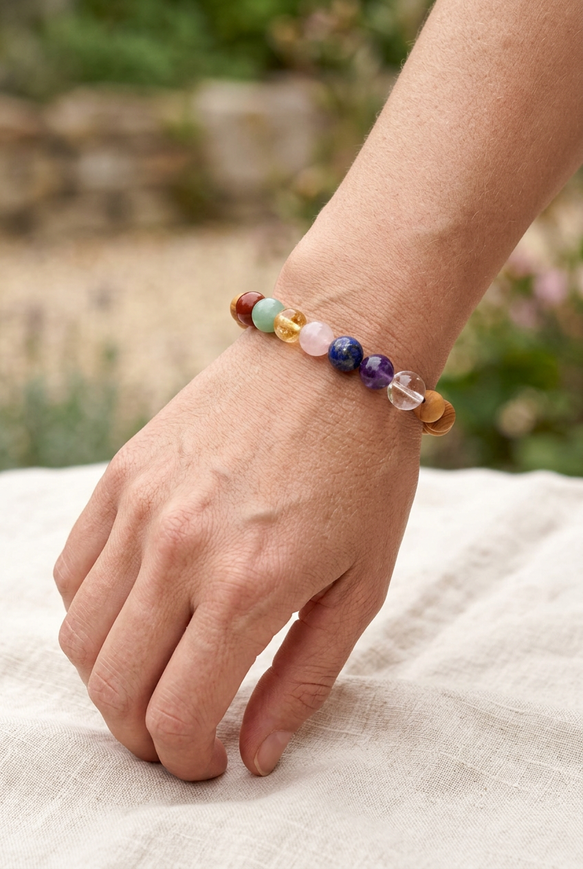 Bracciale in legno di cedro e pietre dei sette chakra indossato al polso