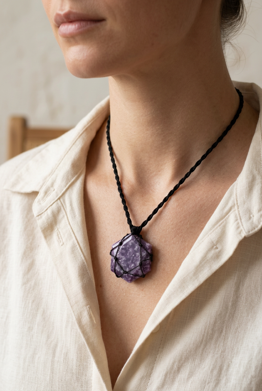 Pendente esagonale in lepidolite con cordino nero indossato da una modella con camicia color crema