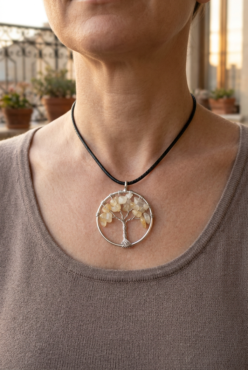 Pendente Albero della Vita con pietre chiare e cordino nero indossato da una modella