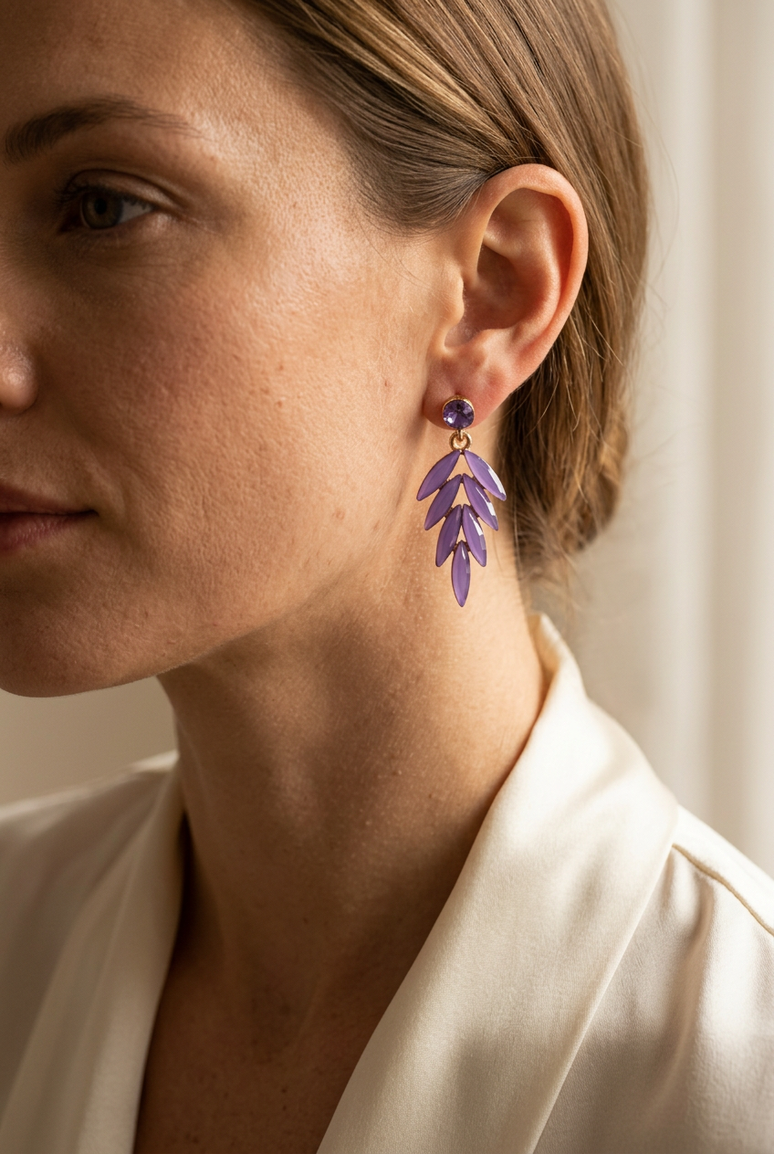 Orecchino lavanda con elementi a foglia indossato da una modella con camicia avorio